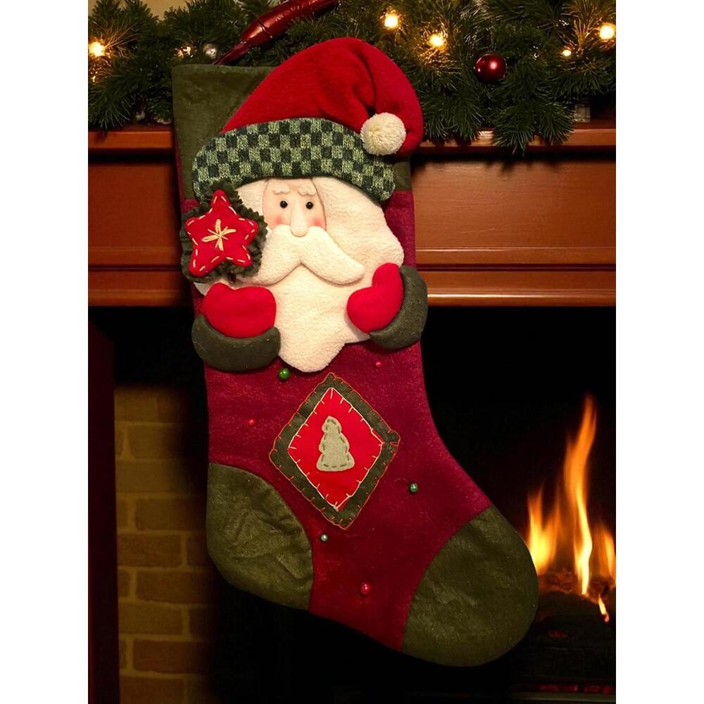 Christmas Holiday Stocking W/Vintage Looking Santa Soft Sequins Tree Red Green